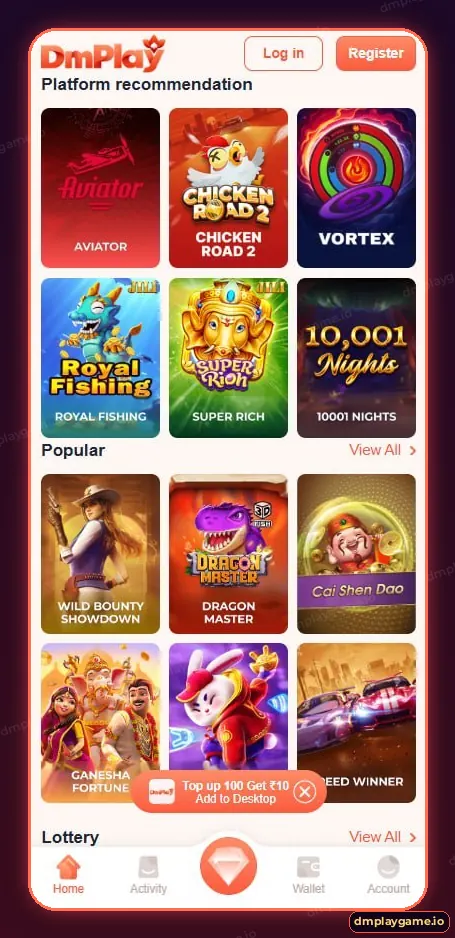 DmPlay Platform recommendation and Popular rows with Aviator, Chicken Road 2, Vortex, Royal Fishing and Super Rich