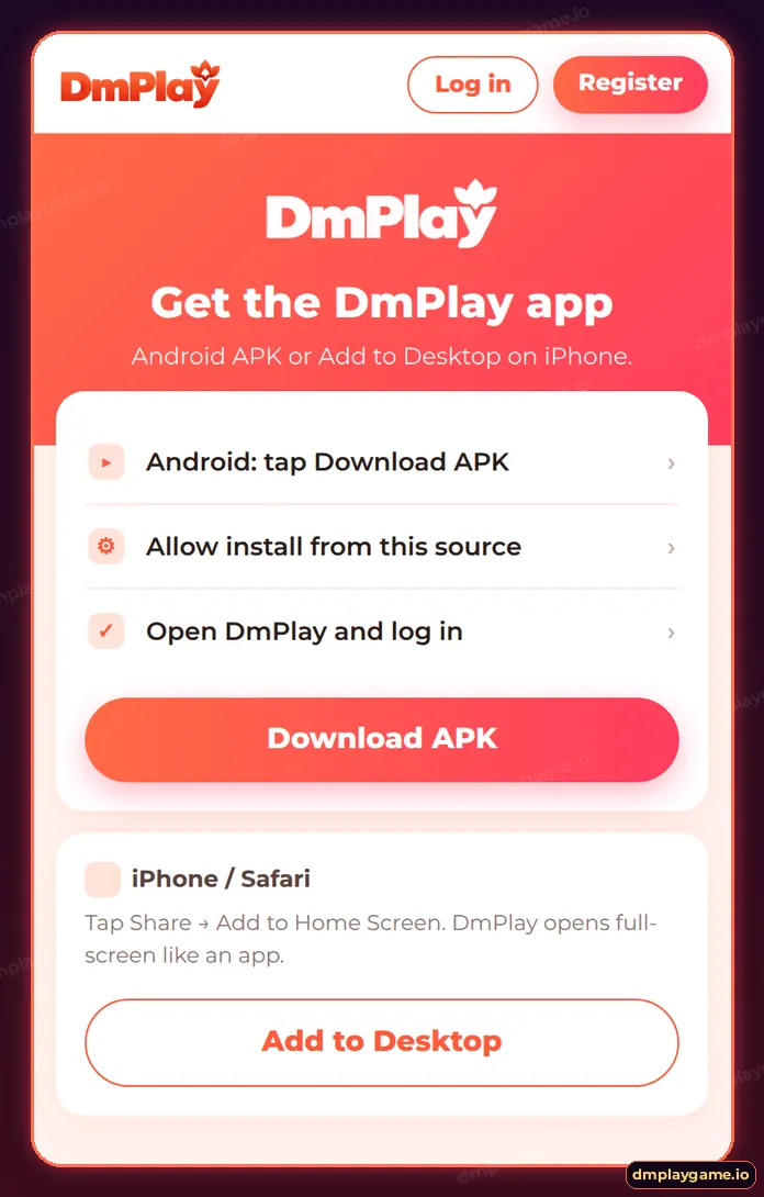 DmPlay app download screen with Download APK button and Add to Desktop steps for iPhone