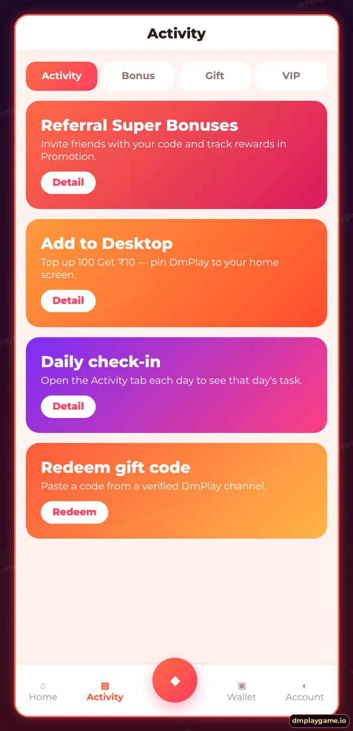 DmPlay Activity screen showing deposit bonus, daily sign-in, gift code, VIP and Referral Super Bonuses events