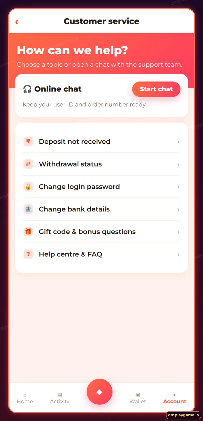 DmPlay customer service screen with online chat and self-service options for deposit, withdrawal and login issues