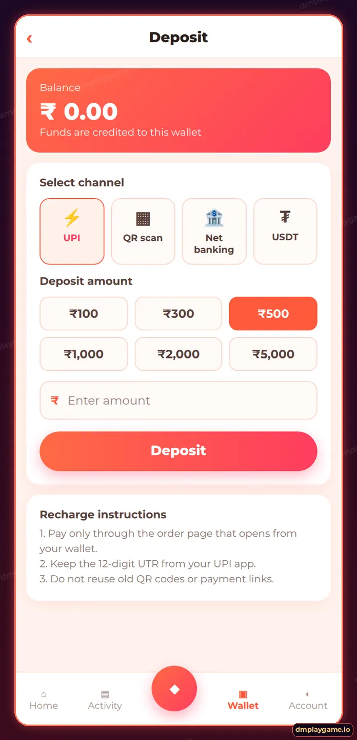 DmPlay Wallet deposit screen with UPI, QR and bank methods, channel list and amount buttons