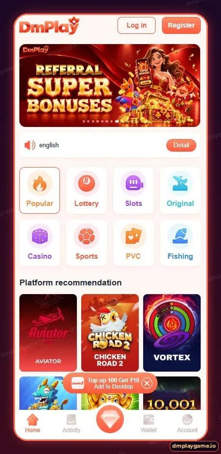 DmPlay home lobby with Log in and Register buttons, Referral Super Bonuses banner and eight game categories