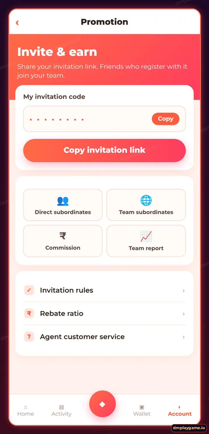 DmPlay Promotion screen showing invitation code, invitation link and team commission data