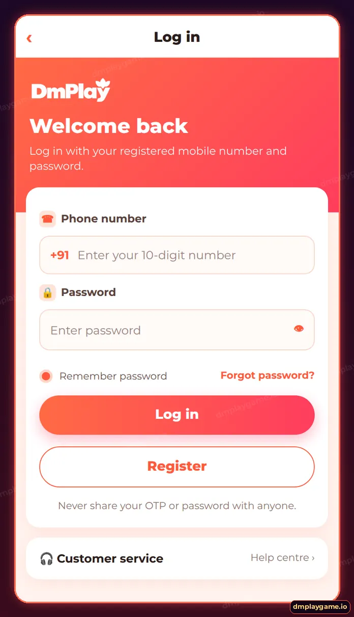 DmPlay login screen with phone number and password fields, Remember password, Forgot password and Log in button