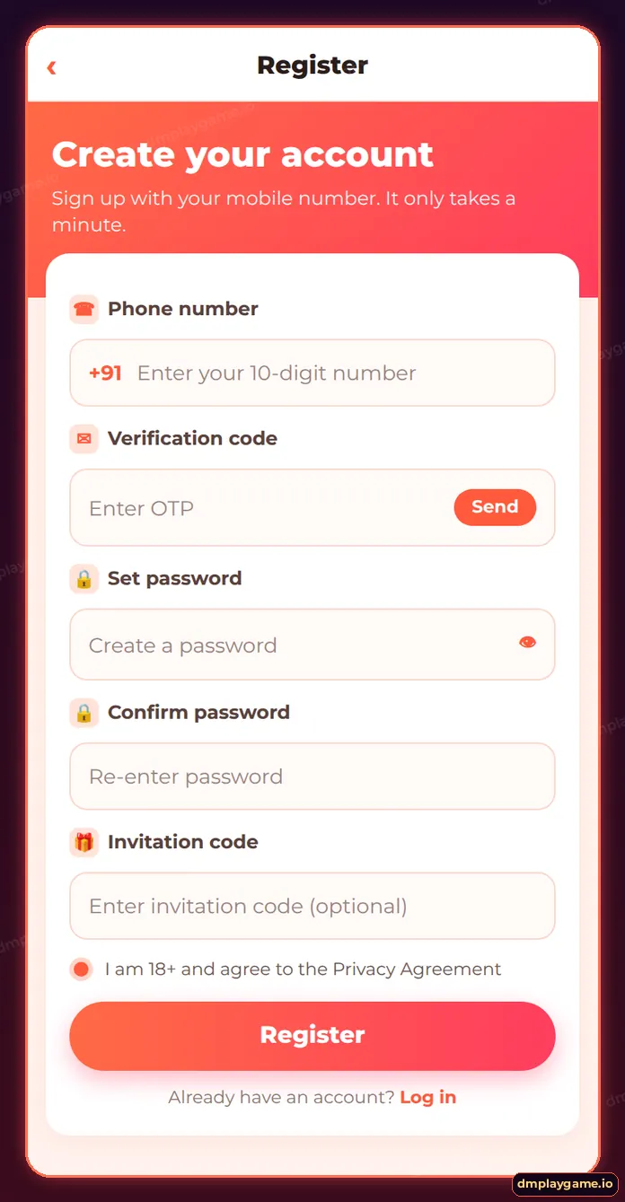 DmPlay register screen with phone number, OTP verification code, password, confirm password and invitation code fields