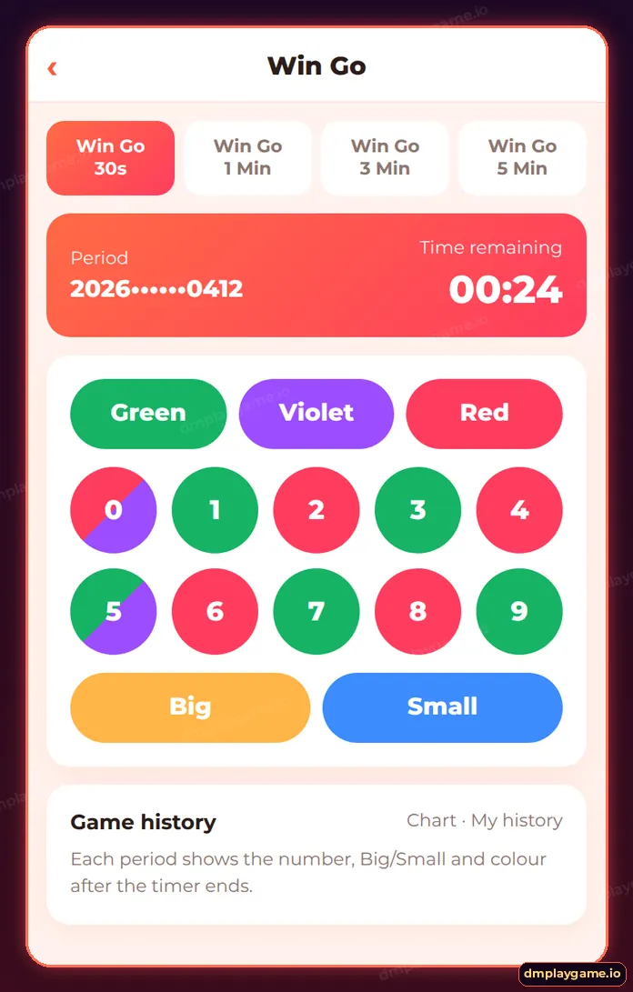 DmPlay Win Go screen with 30s, 1, 3 and 5 minute timers, Green, Violet and Red buttons, numbers 0 to 9 and Big Small